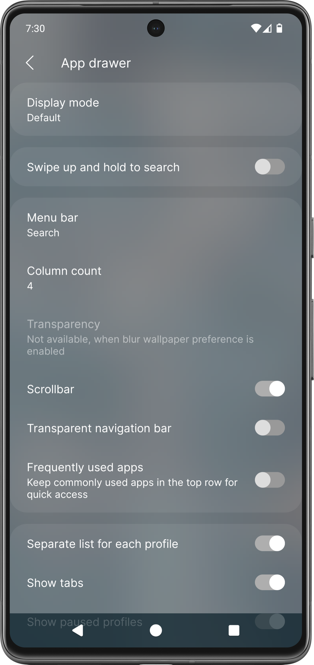 App drawer settings preview