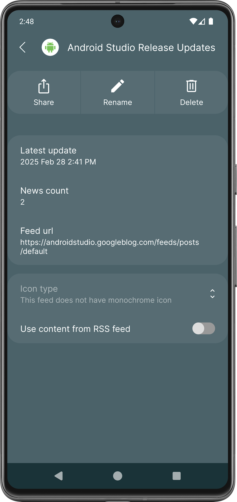 Feed details and settings preview